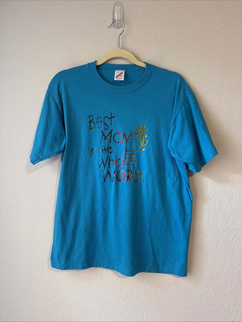 Vintage Single Stich Jerzees Blue Graphic T-Shirt Best Mom In The World Holo